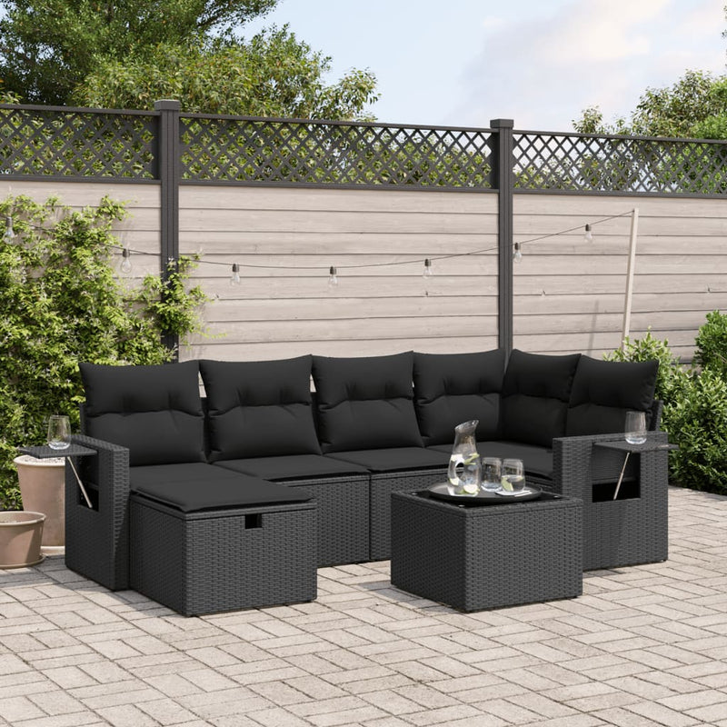 7-delige Loungeset met kussens poly rattan zwart