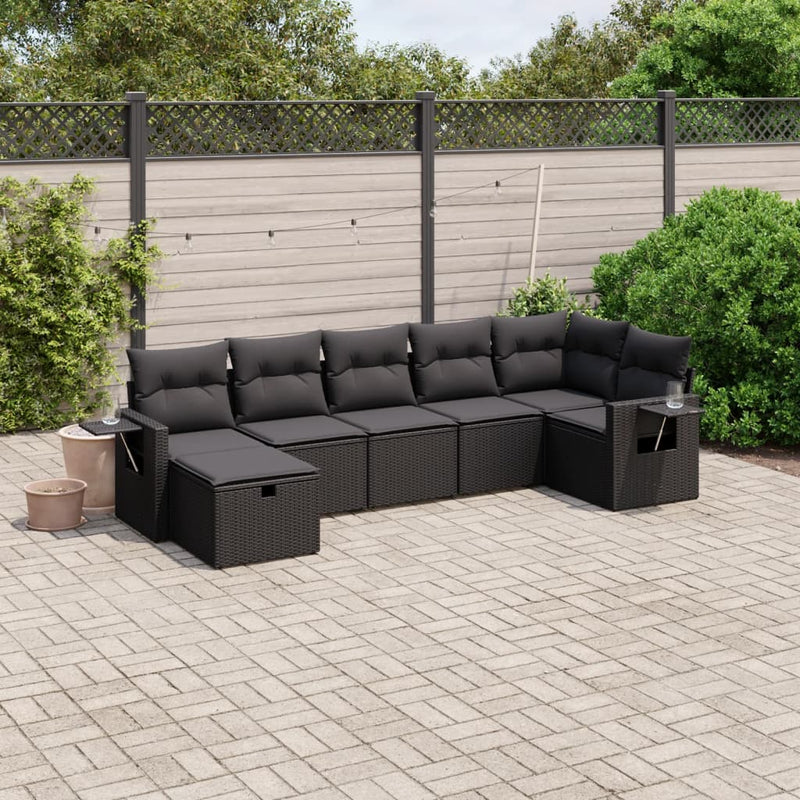 7-delige Loungeset met kussens poly rattan zwart