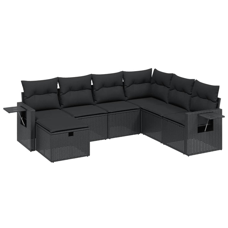 7-delige Loungeset met kussens poly rattan zwart