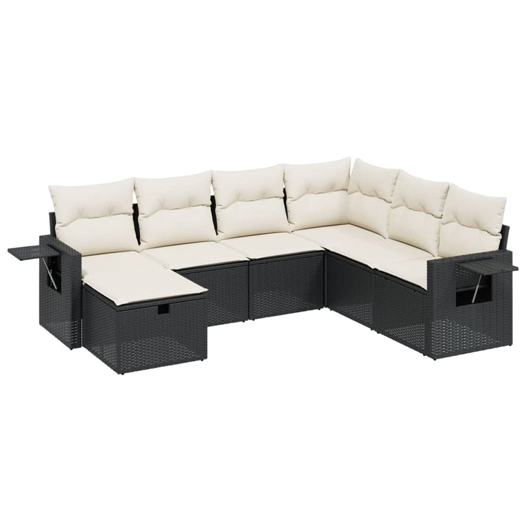 7-delige Loungeset met kussens poly rattan zwart