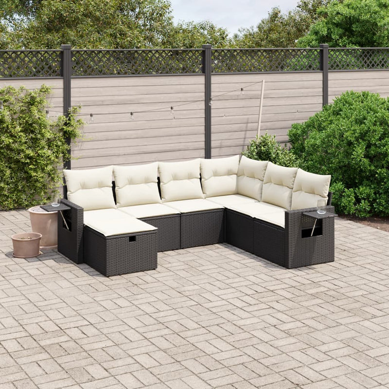 7-delige Loungeset met kussens poly rattan zwart