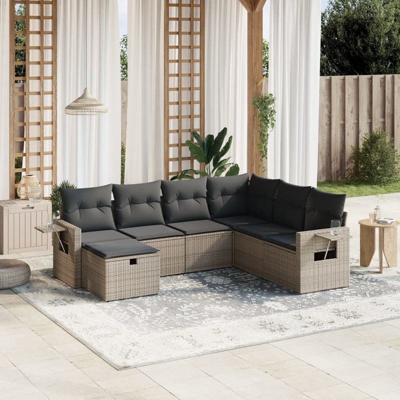 7-delige Loungeset met kussens poly rattan grijs