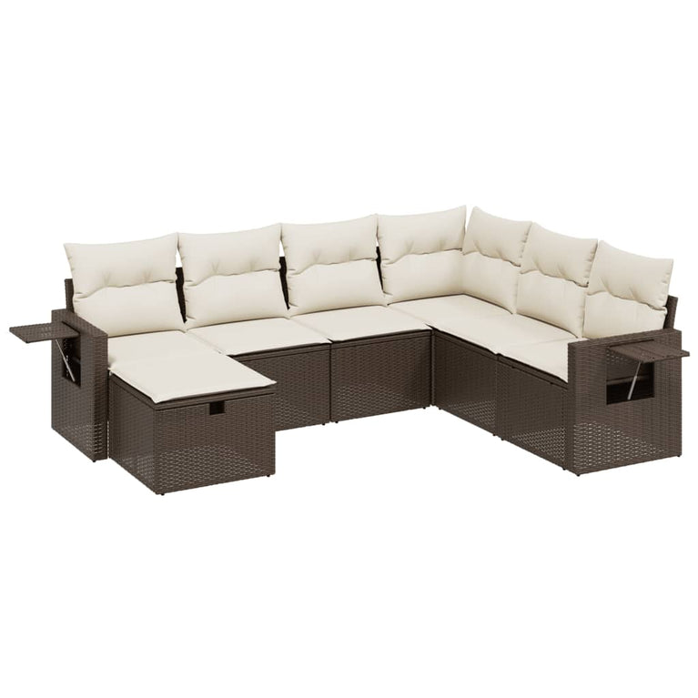 7-delige Loungeset met kussens poly rattan bruin