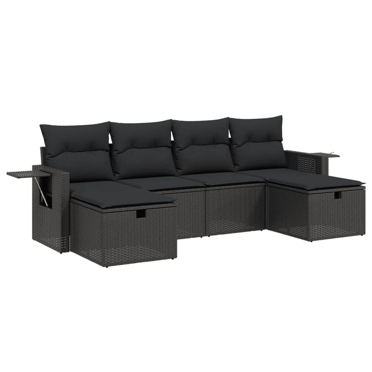 6-delige Loungeset met kussens poly rattan zwart