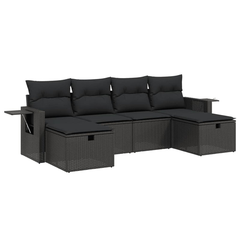 6-delige Loungeset met kussens poly rattan zwart