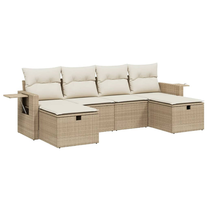 6-delige Loungeset met kussens poly rattan beige