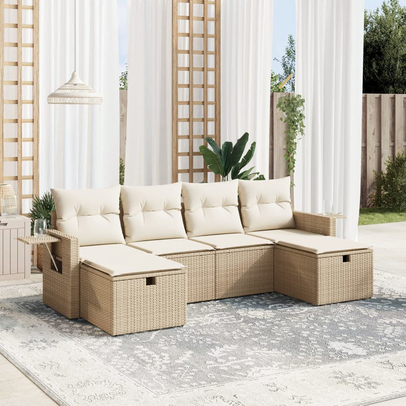 6-delige Loungeset met kussens poly rattan beige