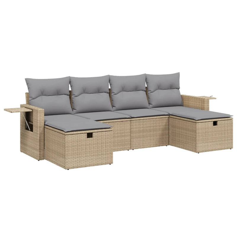 6-delige Loungeset met kussens poly rattan gemengd beige