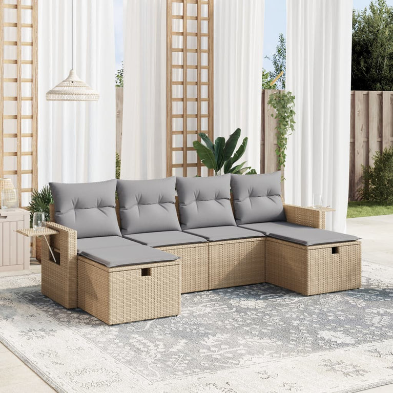 6-delige Loungeset met kussens poly rattan gemengd beige