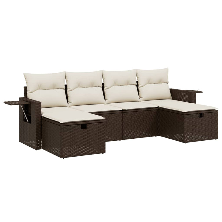 6-delige Loungeset met kussens poly rattan bruin
