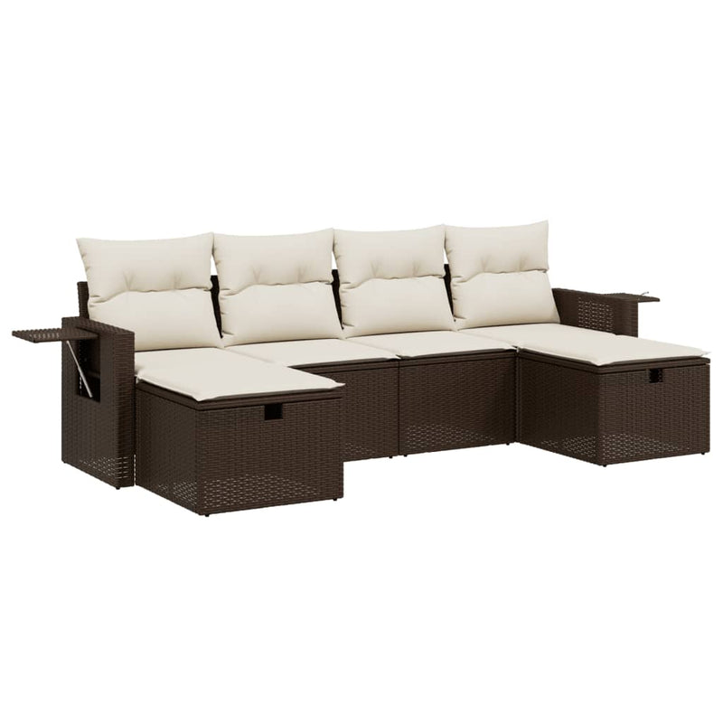 6-delige Loungeset met kussens poly rattan bruin