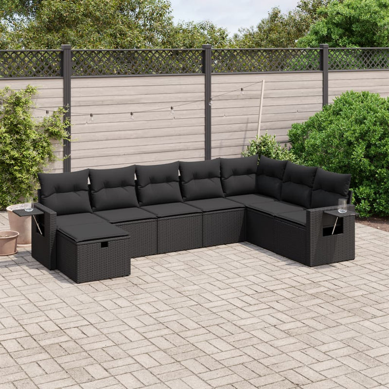 8-delige Loungeset met kussens poly rattan zwart