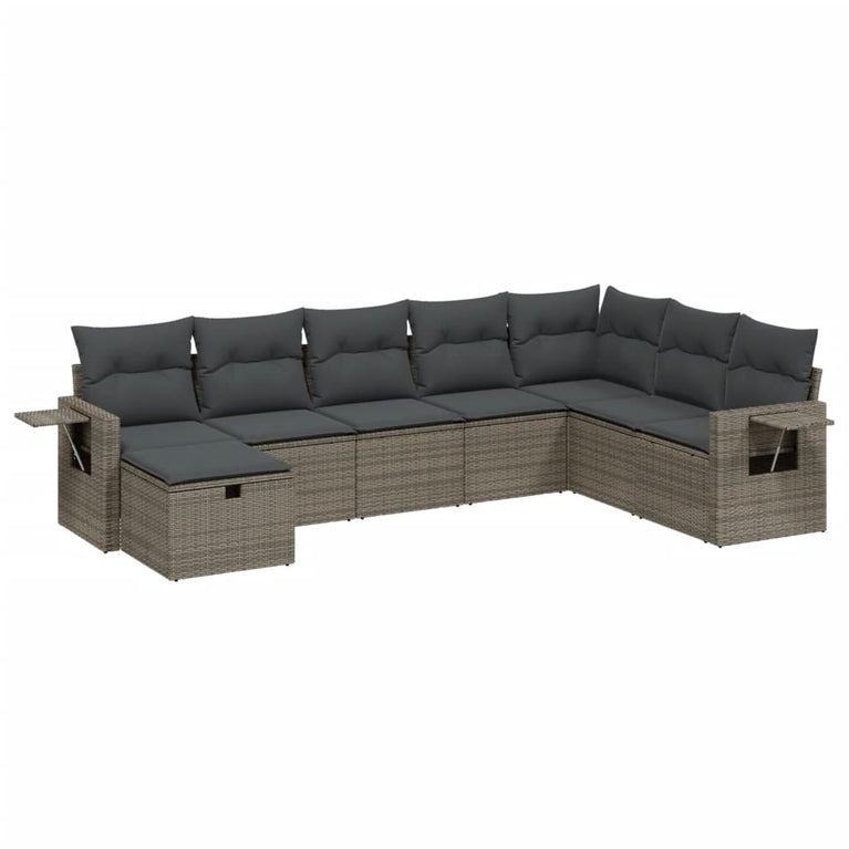 8-delige Loungeset met kussens poly rattan grijs