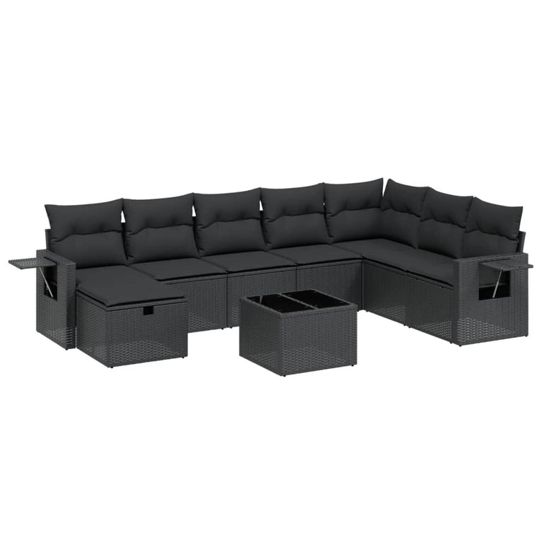 9-delige Loungeset met kussens poly rattan zwart