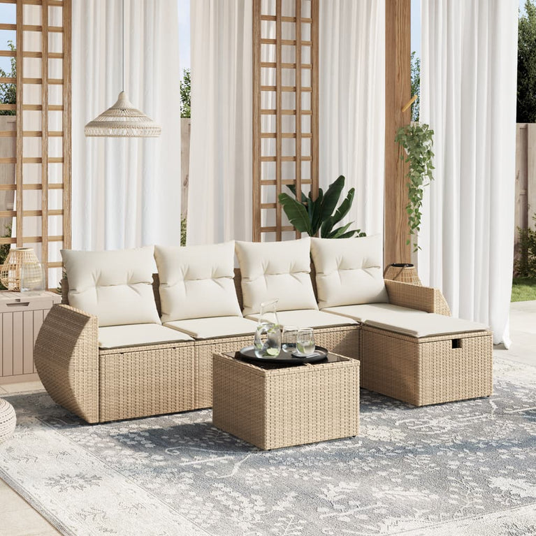 6-delige Loungeset met kussens poly rattan beige