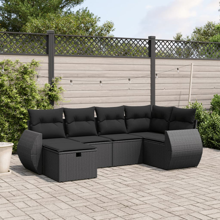 6-delige Loungeset met kussens poly rattan zwart