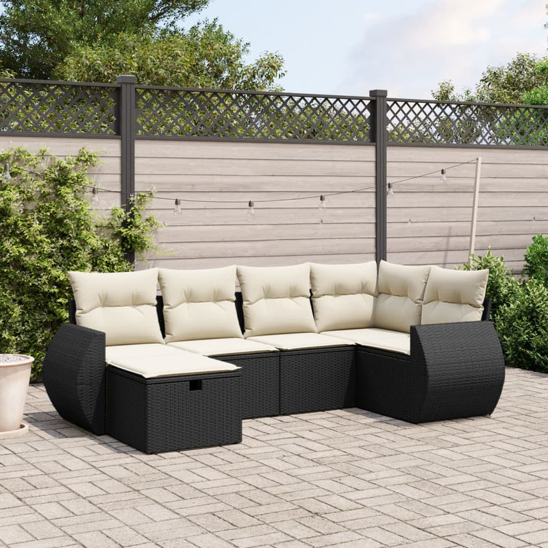 6-delige Loungeset met kussens poly rattan zwart