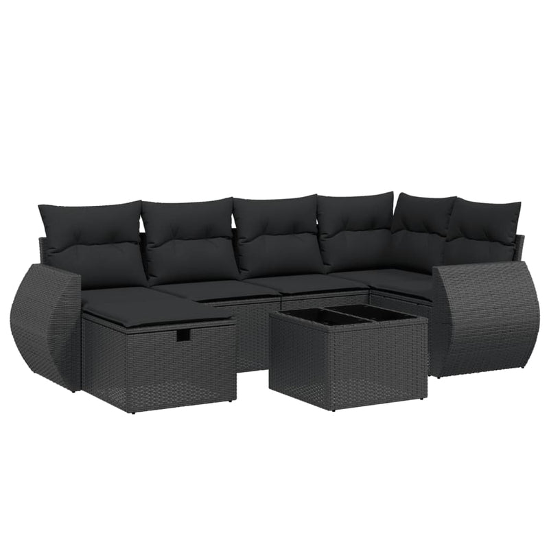 7-delige Loungeset met kussens poly rattan zwart