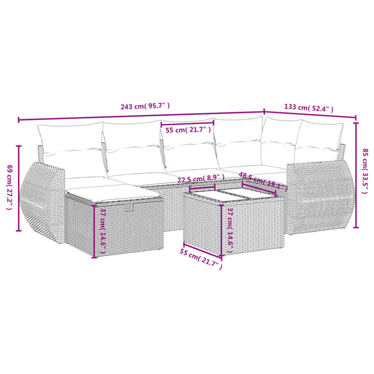 7-delige Loungeset met kussens poly rattan zwart