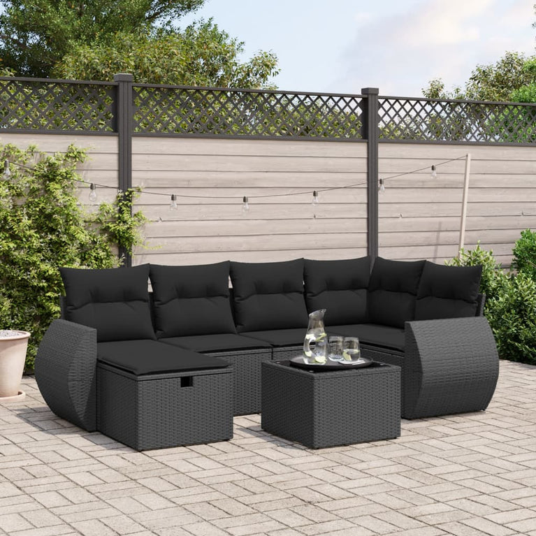 7-delige Loungeset met kussens poly rattan zwart