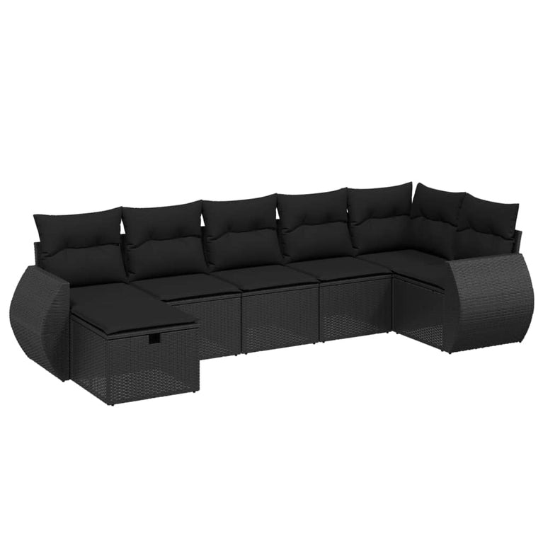 7-delige Loungeset met kussens poly rattan zwart