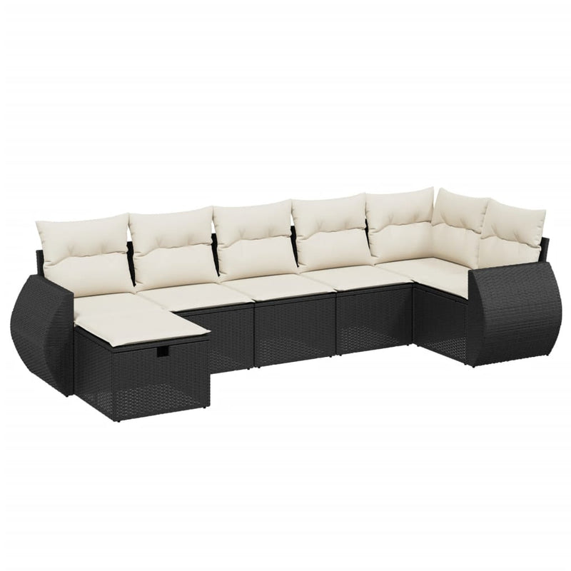 7-delige Loungeset met kussens poly rattan zwart