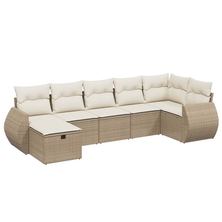 7-delige Loungeset met kussens poly rattan beige
