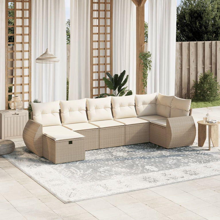 7-delige Loungeset met kussens poly rattan beige