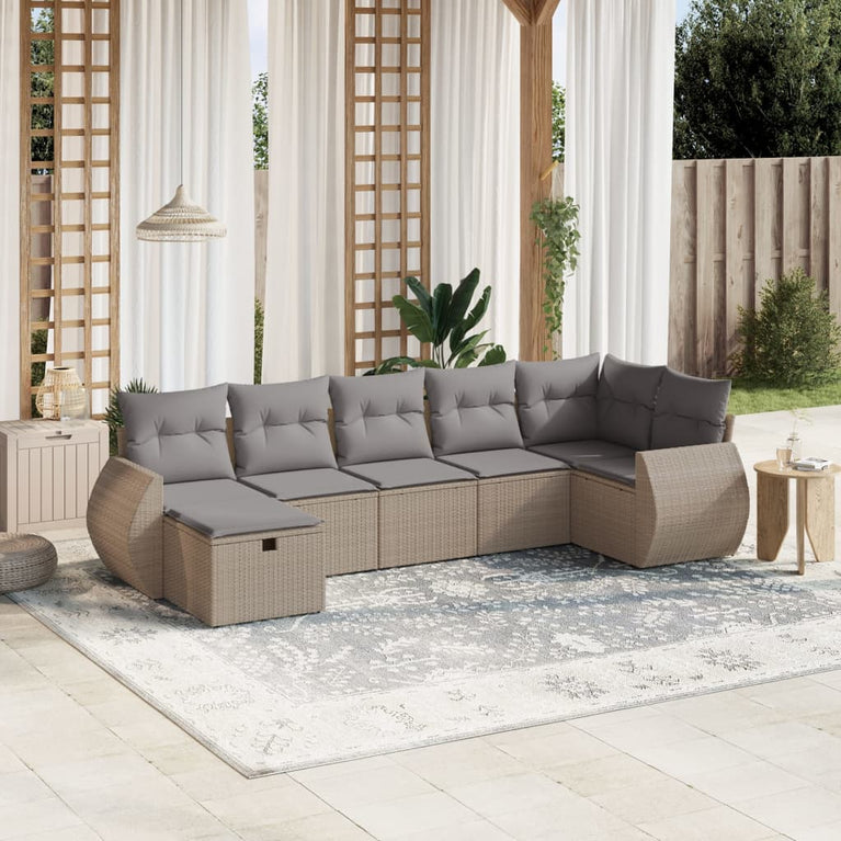 7-delige Loungeset met kussens poly rattan gemengd beige