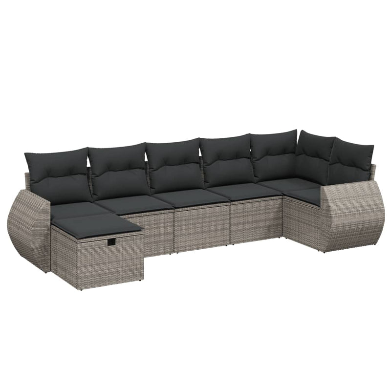 7-delige Loungeset met kussens poly rattan grijs