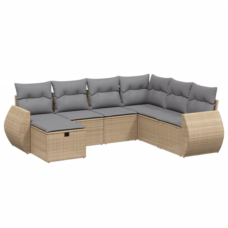 7-delige Loungeset met kussens poly rattan gemengd beige