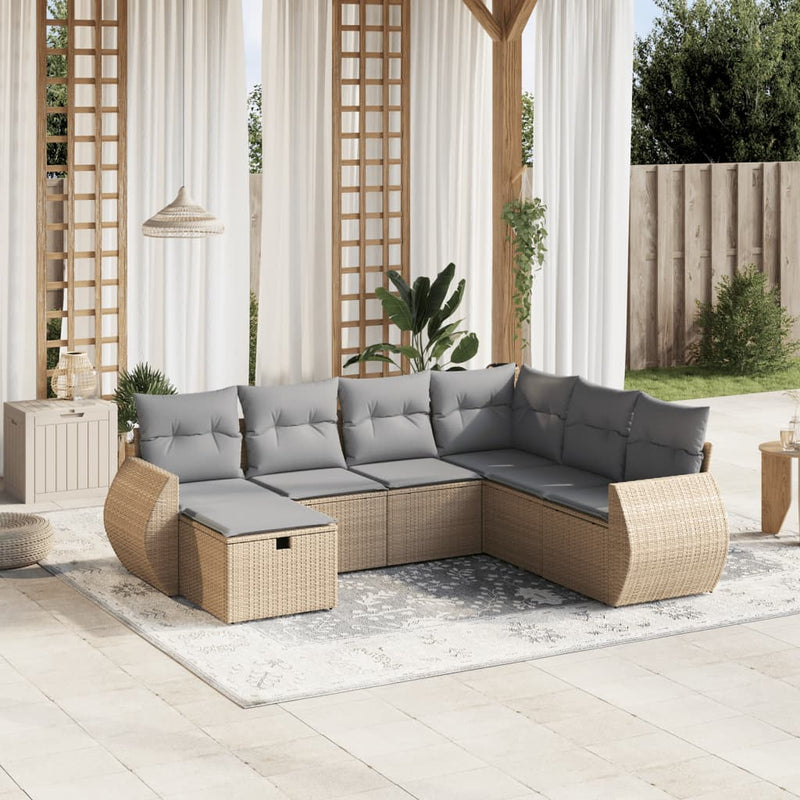 7-delige Loungeset met kussens poly rattan gemengd beige