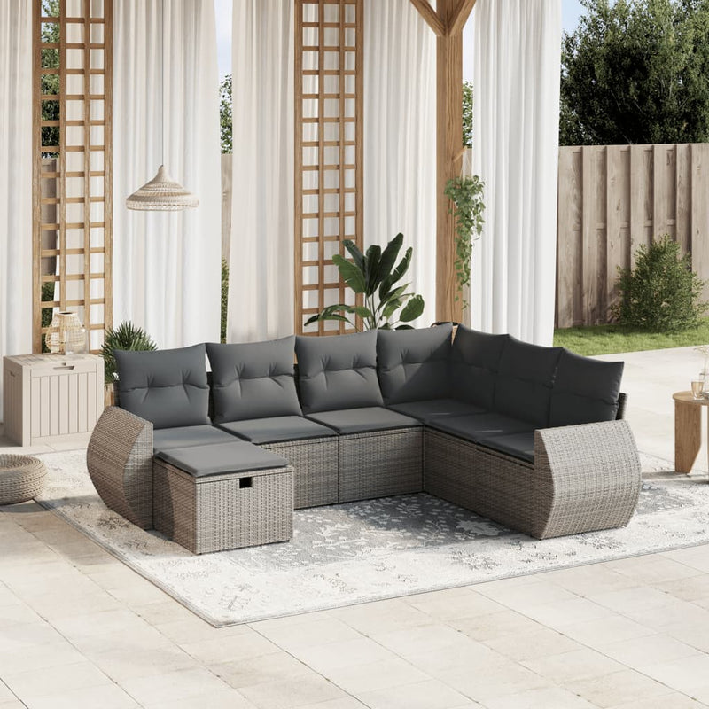 7-delige Loungeset met kussens poly rattan grijs