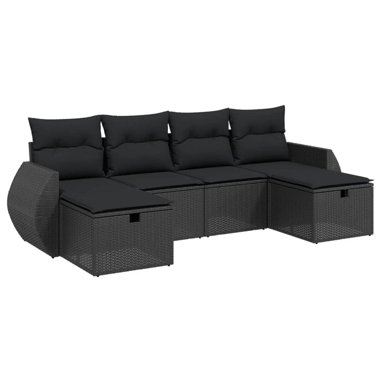 6-delige Loungeset met kussens poly rattan zwart