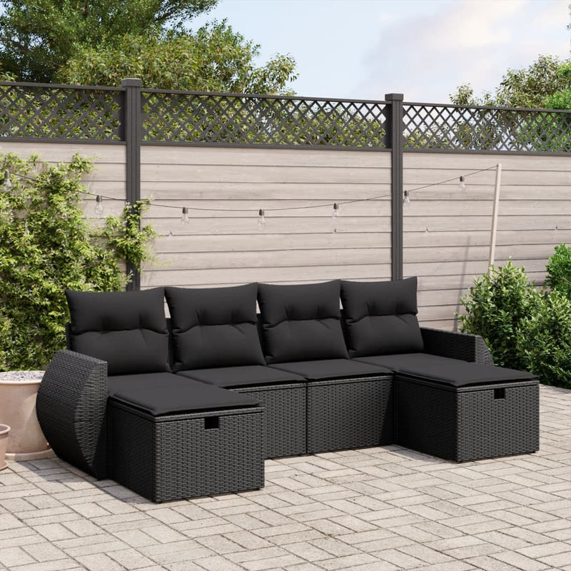 6-delige Loungeset met kussens poly rattan zwart