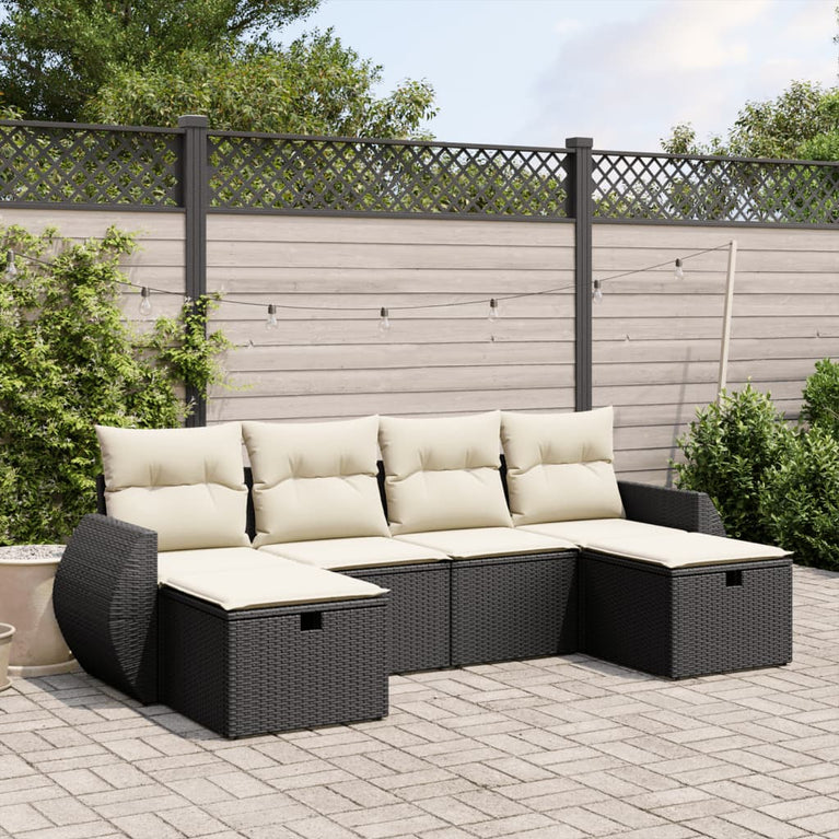 6-delige Loungeset met kussens poly rattan zwart