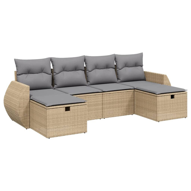 6-delige Loungeset met kussens poly rattan gemengd beige