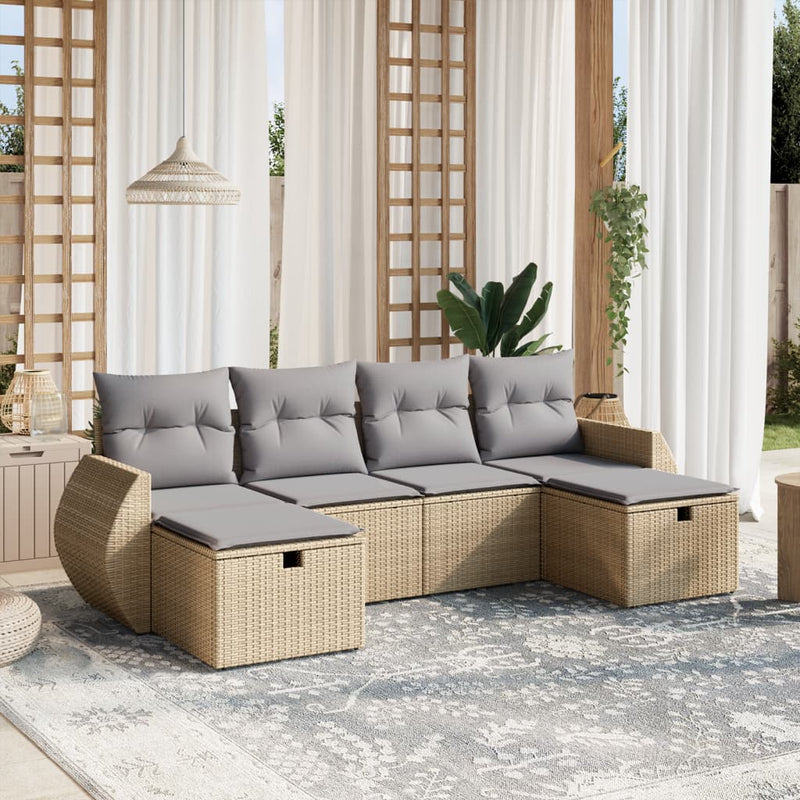 6-delige Loungeset met kussens poly rattan gemengd beige