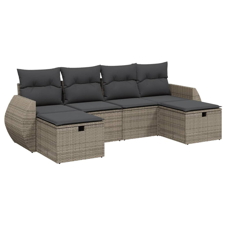 6-delige Loungeset met kussens poly rattan grijs