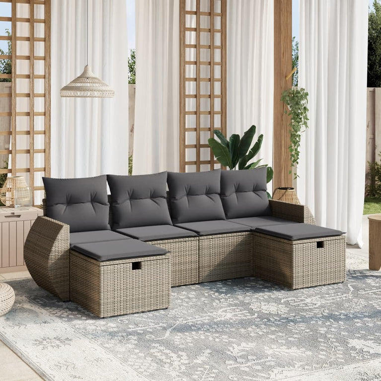 6-delige Loungeset met kussens poly rattan grijs