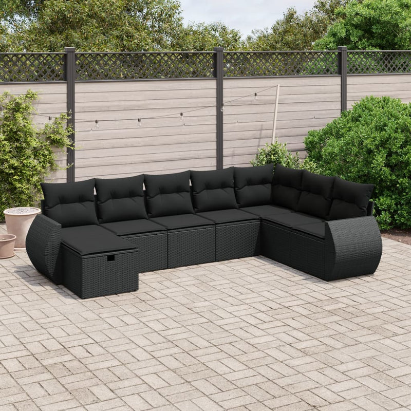 8-delige Loungeset met kussens poly rattan zwart