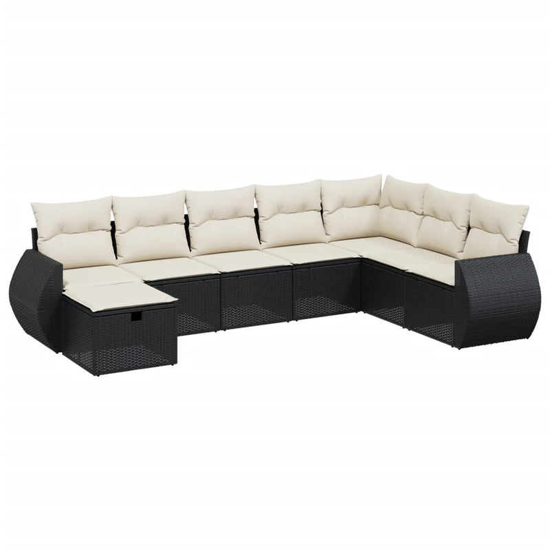 8-delige Loungeset met kussens poly rattan zwart
