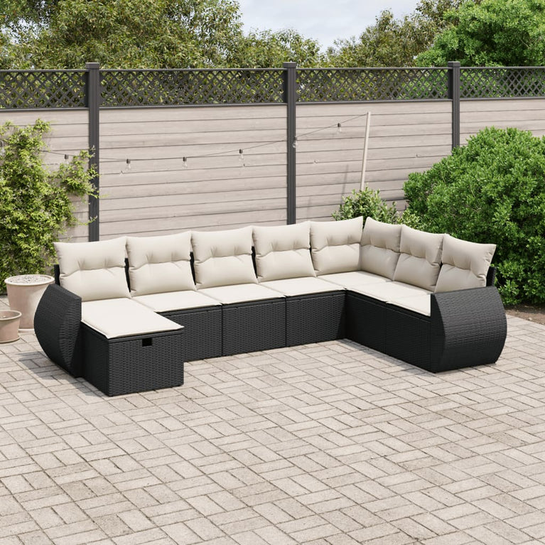 8-delige Loungeset met kussens poly rattan zwart
