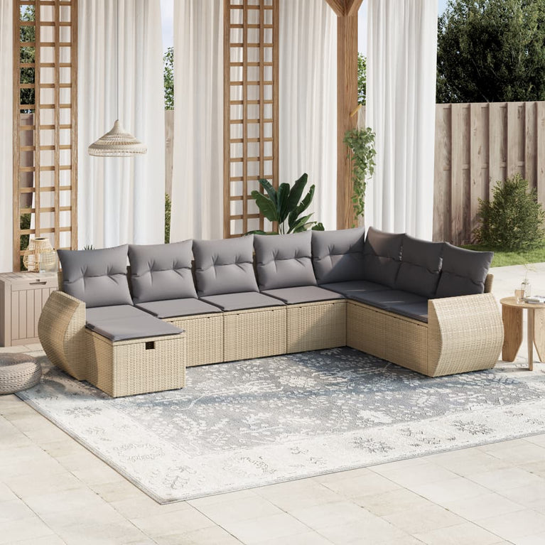 8-delige Loungeset met kussens poly rattan gemengd beige