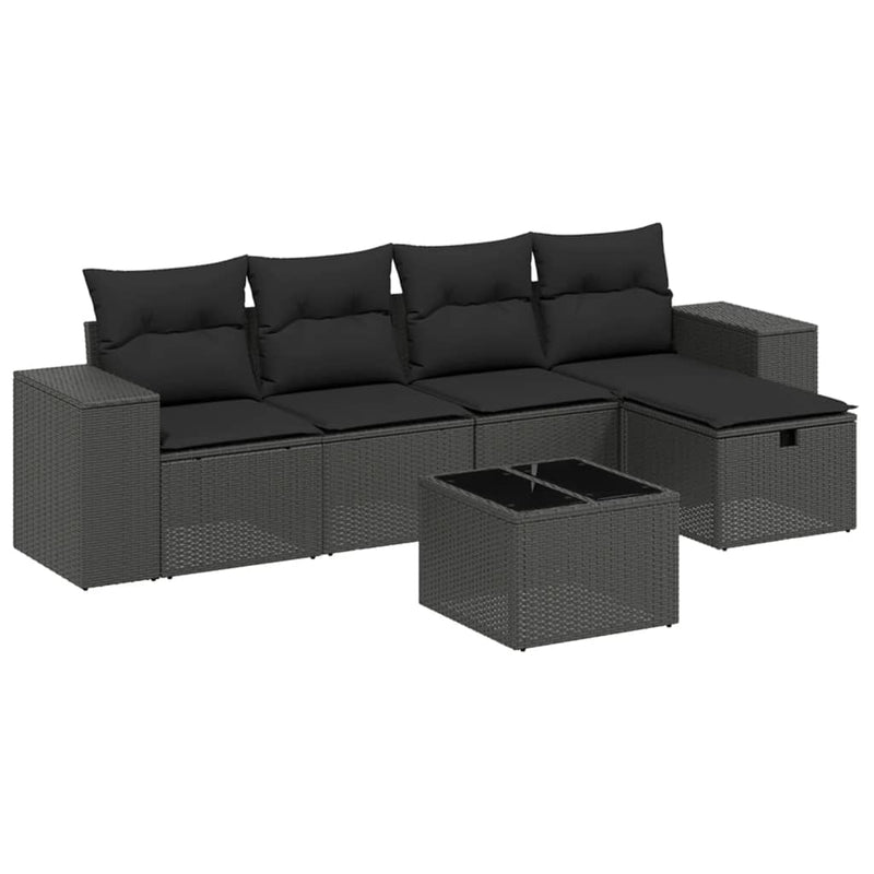 6-delige Loungeset met kussens poly rattan zwart