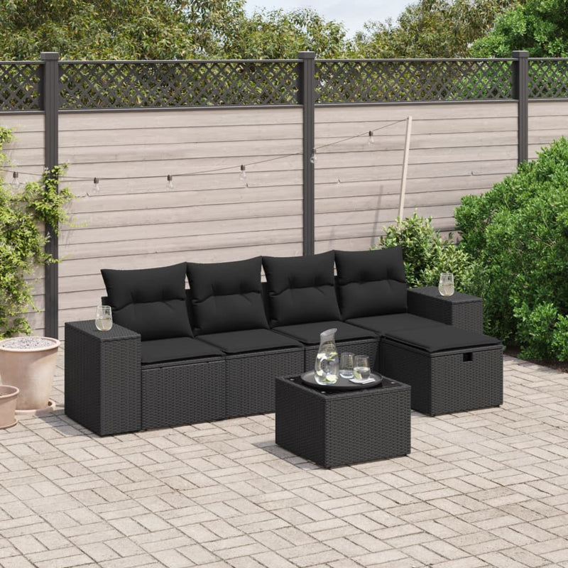 6-delige Loungeset met kussens poly rattan zwart