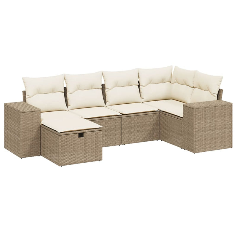 6-delige Loungeset met kussens poly rattan beige