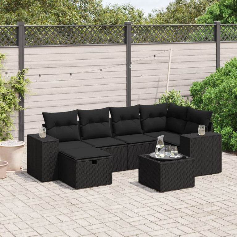 7-delige Loungeset met kussens poly rattan zwart