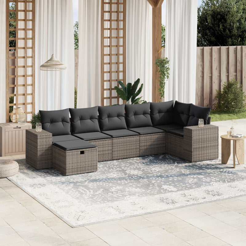 7-delige Loungeset met kussens poly rattan grijs