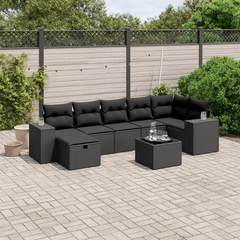8-delige Loungeset met kussens poly rattan zwart